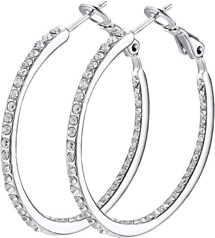 Silver Hoop Earrings, Rhinestone Cubic Zirconia Hoops Fashion Jewelry White Gold Plated Hoop Earring for Women in Saudi Arabia