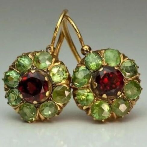 Luxurious Retro Inlaid Red Green Synthetic Zircon Flower Shaped Pendant Earrings, Handmade Accessories for Artistic Ladies Suitable for Parties and Gatherings in Kuwait