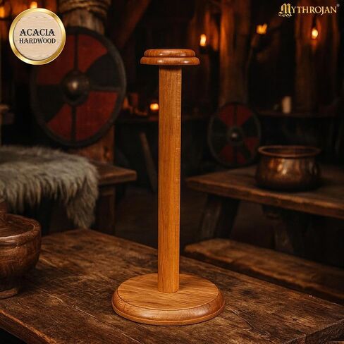 Mythrojan Medieval Wooden Helmet Display Stand – 18 Inch Black Acacia Wood Helmet Stand for Viking, Knight, Spartan & Motorcycle Helmets | Solid Hardwood Rack for Hats, Wigs & Collectibles in Kuwait