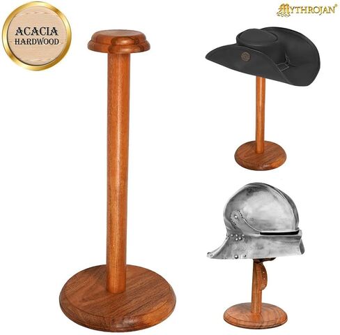 Mythrojan Medieval Wooden Helmet Display Stand – 18 Inch Black Acacia Wood Helmet Stand for Viking, Knight, Spartan & Motorcycle Helmets | Solid Hardwood Rack for Hats, Wigs & Collectibles in Kuwait