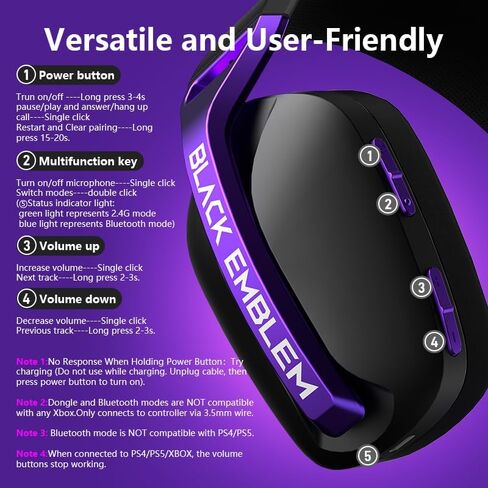 Black Emblem X2 Wireless Gaming Headset 2.4GHz Headset with Up to 50 Hours Battery, Breathable Earcups, Lossless Audio, Low Latency, Removable Mic Headsets for IPone 16/Android/PS/Switch in Kuwait