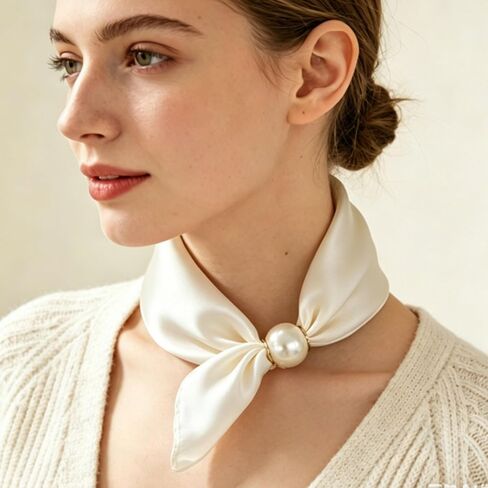 Scarf with Magnetic Pearl Buckle Neck Tie Scarves Headscarf Neckerchief Accessories,Womens Satin Silk Scarf Necklace in Kuwait