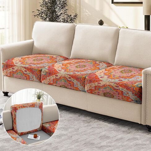 Boho Printed Couch Cushion Covers, Waterproof Stretch Outdoor Cushion Covers, Patio Sofa Covers with Elastic Bottom-1 Piece, Orange in Saudi Arabia
