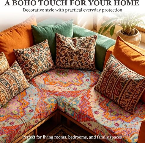 Boho Printed Couch Cushion Covers, Waterproof Stretch Outdoor Cushion Covers, Patio Sofa Covers with Elastic Bottom-1 Piece, Orange in Saudi Arabia