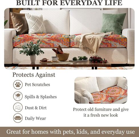Boho Printed Couch Cushion Covers, Waterproof Stretch Outdoor Cushion Covers, Patio Sofa Covers with Elastic Bottom-1 Piece, Orange in Saudi Arabia