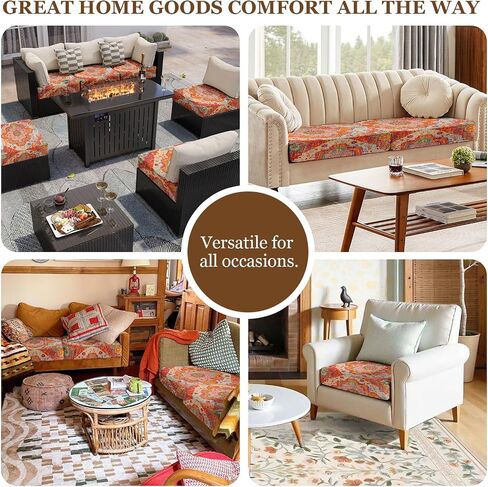 Boho Printed Couch Cushion Covers, Waterproof Stretch Outdoor Cushion Covers, Patio Sofa Covers with Elastic Bottom-1 Piece, Orange in Saudi Arabia
