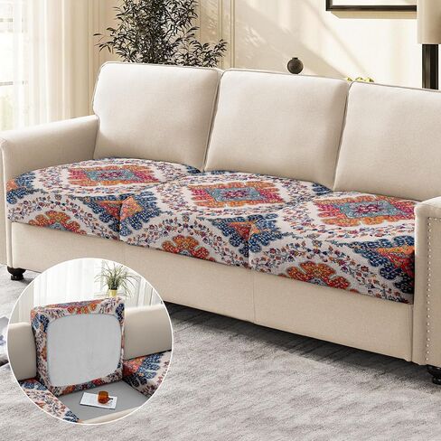 Boho Printed Couch Cushion Covers, Waterproof Stretch Outdoor Cushion Covers, Patio Sofa Covers with Elastic Bottom-1 Piece, Orange in Saudi Arabia