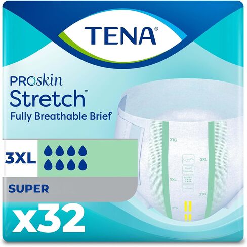 Tena ProSkin Unisex Stretch Plus Briefs, Adult Diapers with Tabs, Maximum Absorbency, Incontinence and Bladder leaks Control, 3XLarge, 32 Count in Kuwait