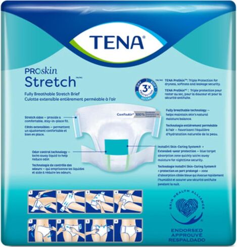 Tena ProSkin Unisex Stretch Plus Briefs, Adult Diapers with Tabs, Maximum Absorbency, Incontinence and Bladder leaks Control, 3XLarge, 32 Count in Kuwait