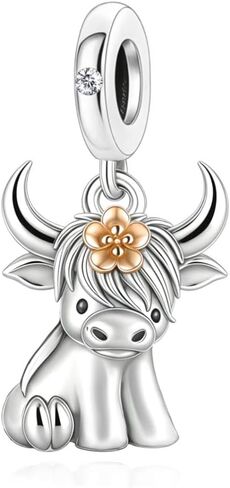 S925 Sterling Silver Flower Highland Cow Charms, Scottish 1 to 2 Highland Cow Charm Fit Women Bracelets Necklaces Jewelry for Family Friends Travel Souvenirs in Saudi Arabia