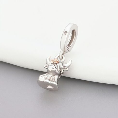 S925 Sterling Silver Flower Highland Cow Charms, Scottish 1 to 2 Highland Cow Charm Fit Women Bracelets Necklaces Jewelry for Family Friends Travel Souvenirs in Saudi Arabia
