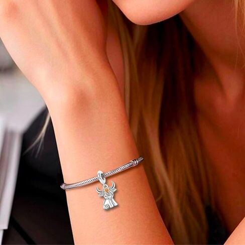 S925 Sterling Silver Flower Highland Cow Charms, Scottish 1 to 2 Highland Cow Charm Fit Women Bracelets Necklaces Jewelry for Family Friends Travel Souvenirs in Saudi Arabia