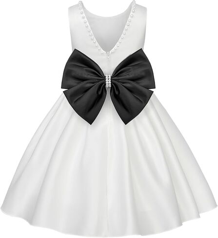 Uhnice Flower Girl Dress Satin Sleeveless with Pearl and Detachable Bow for Wedding and Party in Kuwait
