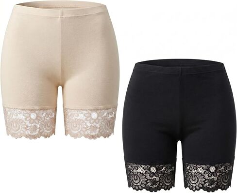 2Pcs Lace Slip Shorts for Under Dresses Women Smooth Safety Shorts Anti Chafing Boyshort Seamless Underwear Comfortable Yoga Boxer Panties Lace Under Shorts Black, Nude in Saudi Arabia
