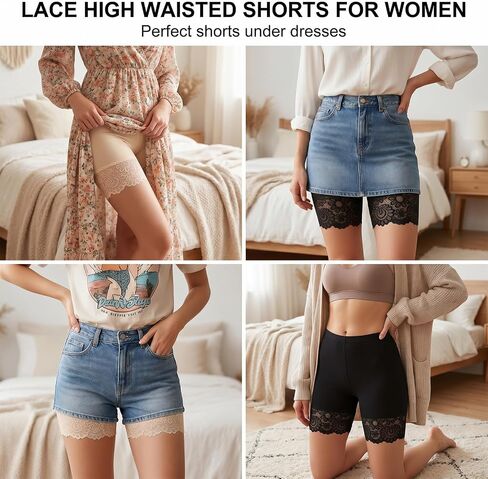 2Pcs Lace Slip Shorts for Under Dresses Women Smooth Safety Shorts Anti Chafing Boyshort Seamless Underwear Comfortable Yoga Boxer Panties Lace Under Shorts Black, Nude in Saudi Arabia