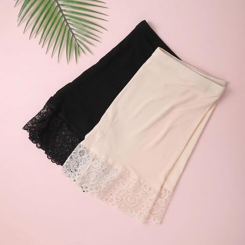 2Pcs Lace Slip Shorts for Under Dresses Women Smooth Safety Shorts Anti Chafing Boyshort Seamless Underwear Comfortable Yoga Boxer Panties Lace Under Shorts Black, Nude in Saudi Arabia