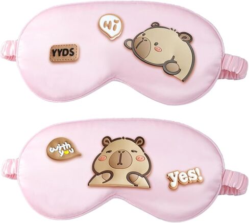 2Pcs Kawaii Capybara Silk Sleep Eye Mask Cute Cartoon Capybara Sleep Mask for Women Cute Blackout Sleeping Mask Eye Cover Gift for Women Mom in Kuwait