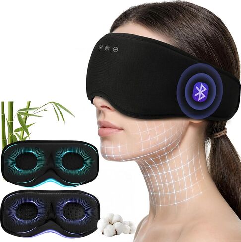 Bamboo Cotton Bluetooth Sleep Mask, 2 in 1 3D Soft Sleep Mask with Sleep Headphones, Sleep Eye Mask with Timming Setting, Blackout Sleeping Mask for Side Sleepers, Women Men, Black (Black) in Saudi Arabia