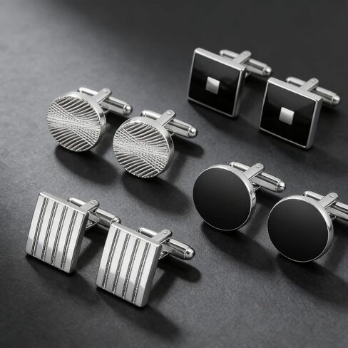 8 Pcs Men's Classic Cufflinks Cuff Links for Men Silver Black Striped Disc Square Rectangle Cuff Links Shirt Suit Men’s Jewelry or Accessories in Saudi Arabia