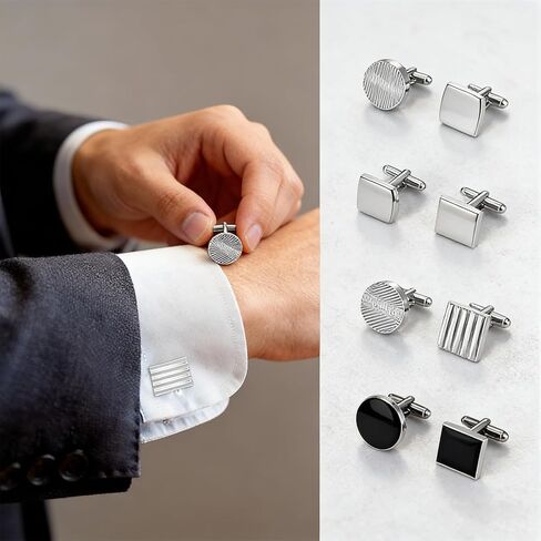 8 Pcs Men's Classic Cufflinks Cuff Links for Men Silver Black Striped Disc Square Rectangle Cuff Links Shirt Suit Men’s Jewelry or Accessories in Saudi Arabia