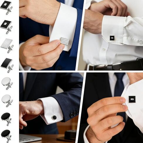 8 Pcs Men's Classic Cufflinks Cuff Links for Men Silver Black Striped Disc Square Rectangle Cuff Links Shirt Suit Men’s Jewelry or Accessories in Saudi Arabia