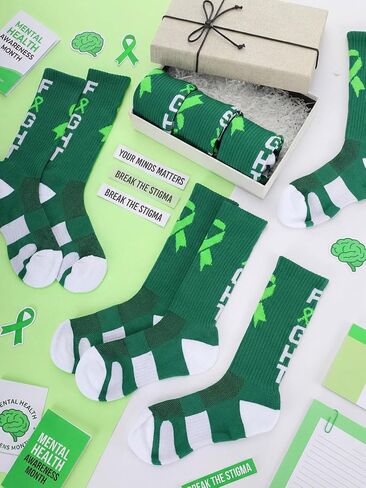 Chicingyou 12 Pairs Mental Health Awareness Socks Bulk, Green Ribbon Crew Football Socks Mental Health Gifts for Men Women in Kuwait
