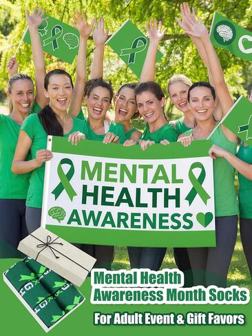Chicingyou 12 Pairs Mental Health Awareness Socks Bulk, Green Ribbon Crew Football Socks Mental Health Gifts for Men Women in Kuwait