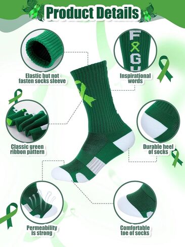 Chicingyou 12 Pairs Mental Health Awareness Socks Bulk, Green Ribbon Crew Football Socks Mental Health Gifts for Men Women in Kuwait