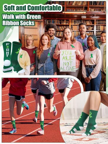 Chicingyou 12 Pairs Mental Health Awareness Socks Bulk, Green Ribbon Crew Football Socks Mental Health Gifts for Men Women in Kuwait