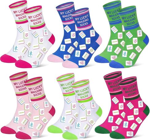 Glitopper 6 Pack Lucky Mahjong Socks Gifts Bulk Funny Mah Jong Themed Socks with Tiles Patterns for Mahjong Lovers Women Men(Lucky) in Kuwait
