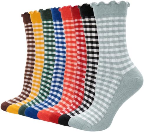 4 Pairs Cute Women Ruffle Socks, Retro Frilly Checkered Striped Cotton Ankle Socks for Women Casual Vintage in Kuwait