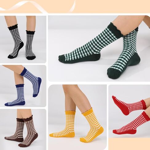 4 Pairs Cute Women Ruffle Socks, Retro Frilly Checkered Striped Cotton Ankle Socks for Women Casual Vintage in Kuwait