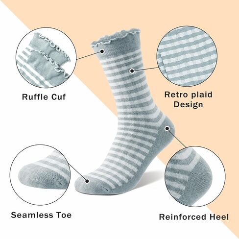 4 Pairs Cute Women Ruffle Socks, Retro Frilly Checkered Striped Cotton Ankle Socks for Women Casual Vintage in Kuwait