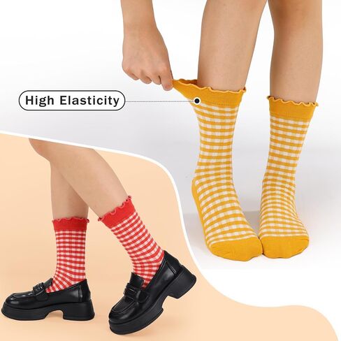 4 Pairs Cute Women Ruffle Socks, Retro Frilly Checkered Striped Cotton Ankle Socks for Women Casual Vintage in Kuwait