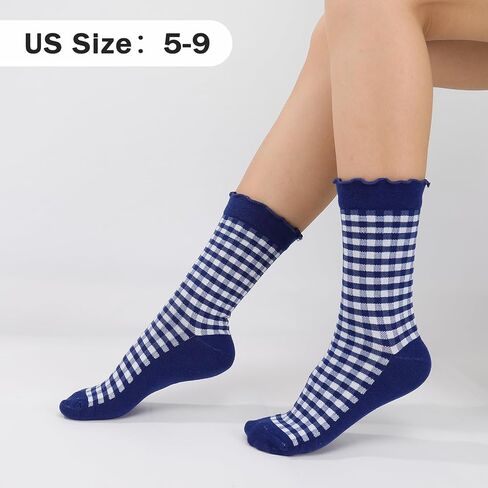 4 Pairs Cute Women Ruffle Socks, Retro Frilly Checkered Striped Cotton Ankle Socks for Women Casual Vintage in Kuwait