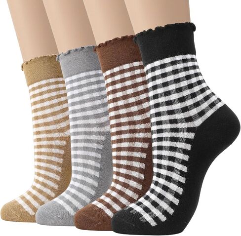 4 Pairs Cute Women Ruffle Socks, Retro Frilly Checkered Striped Cotton Ankle Socks for Women Casual Vintage in Kuwait