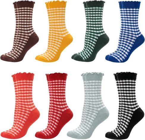 4 Pairs Cute Women Ruffle Socks, Retro Frilly Checkered Striped Cotton Ankle Socks for Women Casual Vintage in Kuwait