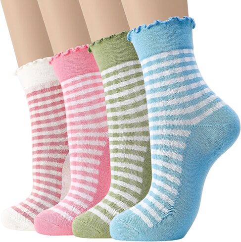 4 Pairs Cute Women Ruffle Socks, Retro Frilly Checkered Striped Cotton Ankle Socks for Women Casual Vintage in Kuwait