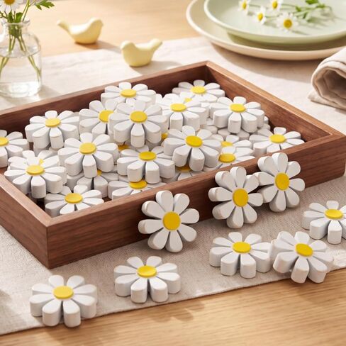 Amyhill 24 Pcs Daisy Table Centerpieces Decoration Wooden Small Rustic Daisy White Yellow Wood Flower Signs for Vase Bowls Filler Tiered Tray Table Farmhouse Home Kitchen Decor in Kuwait