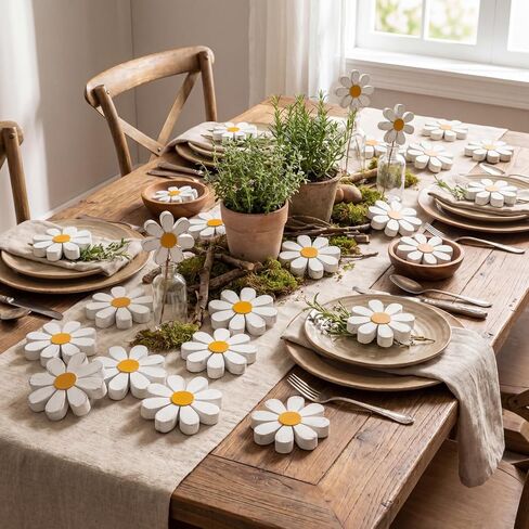 Amyhill 24 Pcs Daisy Table Centerpieces Decoration Wooden Small Rustic Daisy White Yellow Wood Flower Signs for Vase Bowls Filler Tiered Tray Table Farmhouse Home Kitchen Decor in Kuwait
