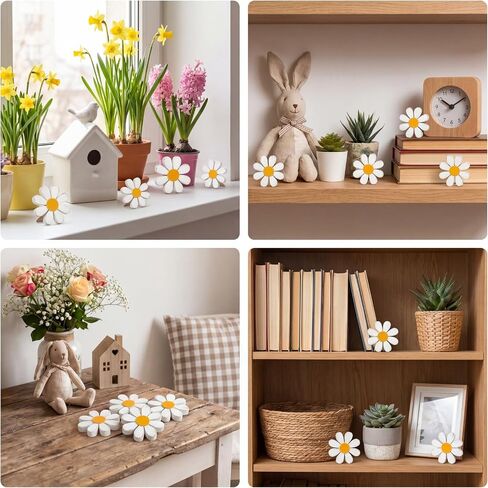 Amyhill 24 Pcs Daisy Table Centerpieces Decoration Wooden Small Rustic Daisy White Yellow Wood Flower Signs for Vase Bowls Filler Tiered Tray Table Farmhouse Home Kitchen Decor in Kuwait