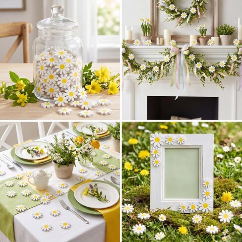 Amyhill 24 Pcs Daisy Table Centerpieces Decoration Wooden Small Rustic Daisy White Yellow Wood Flower Signs for Vase Bowls Filler Tiered Tray Table Farmhouse Home Kitchen Decor in Kuwait