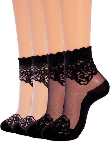 Women Sheer Sock Black See Through Socks Flower Nylon Sock(4 Pairs) in Kuwait