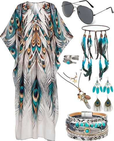 Mepase 8 Pcs Peacock Kaftan Dress Outfit for Women Boho Jewelry Set Feather Earrings Headband Necklace Bracelet Ring Sunglasses for Music Party in Kuwait