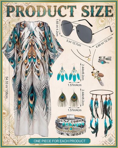 Mepase 8 Pcs Peacock Kaftan Dress Outfit for Women Boho Jewelry Set Feather Earrings Headband Necklace Bracelet Ring Sunglasses for Music Party in Kuwait