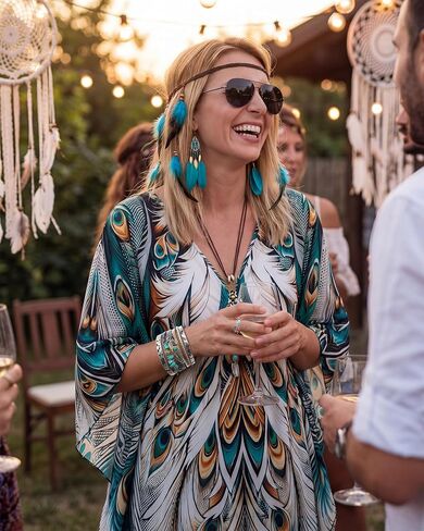 Mepase 8 Pcs Peacock Kaftan Dress Outfit for Women Boho Jewelry Set Feather Earrings Headband Necklace Bracelet Ring Sunglasses for Music Party in Kuwait