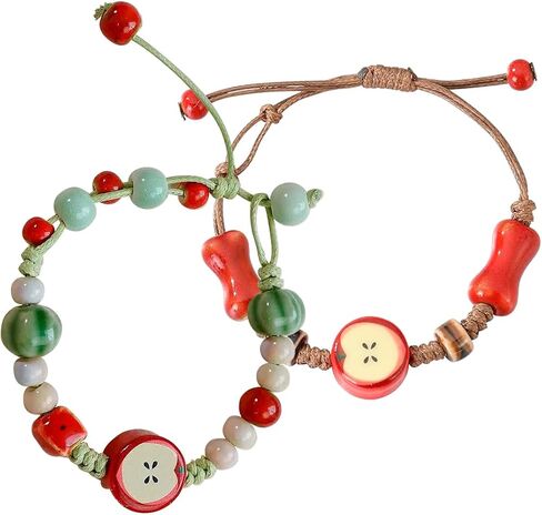 2 Pcs Apples Ceramic Bracelet for Women & Men - Adjustable Rope String Bracelet,Handmade Woven Cord Bracelet in Kuwait