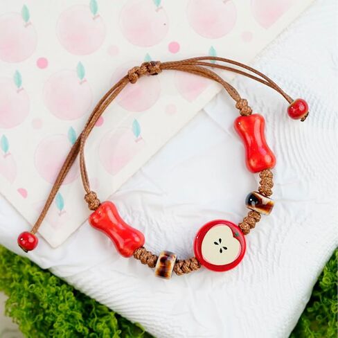 2 Pcs Apples Ceramic Bracelet for Women & Men - Adjustable Rope String Bracelet,Handmade Woven Cord Bracelet in Kuwait