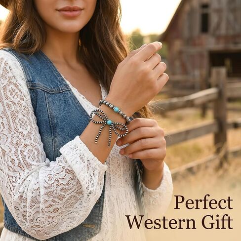 Vintage Navajo Pearl Bracelet For Women, Layered Silver Beaded Bow Chain. Handmade Boho Western Jewelry, Long Stackable Cowgirl Fashion Accessories Gift in Saudi Arabia