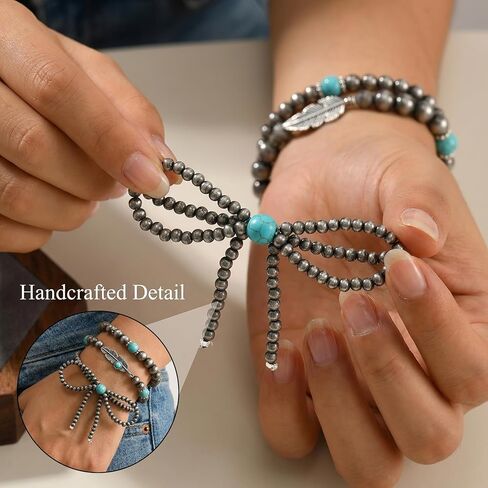 Vintage Navajo Pearl Bracelet For Women, Layered Silver Beaded Bow Chain. Handmade Boho Western Jewelry, Long Stackable Cowgirl Fashion Accessories Gift in Saudi Arabia